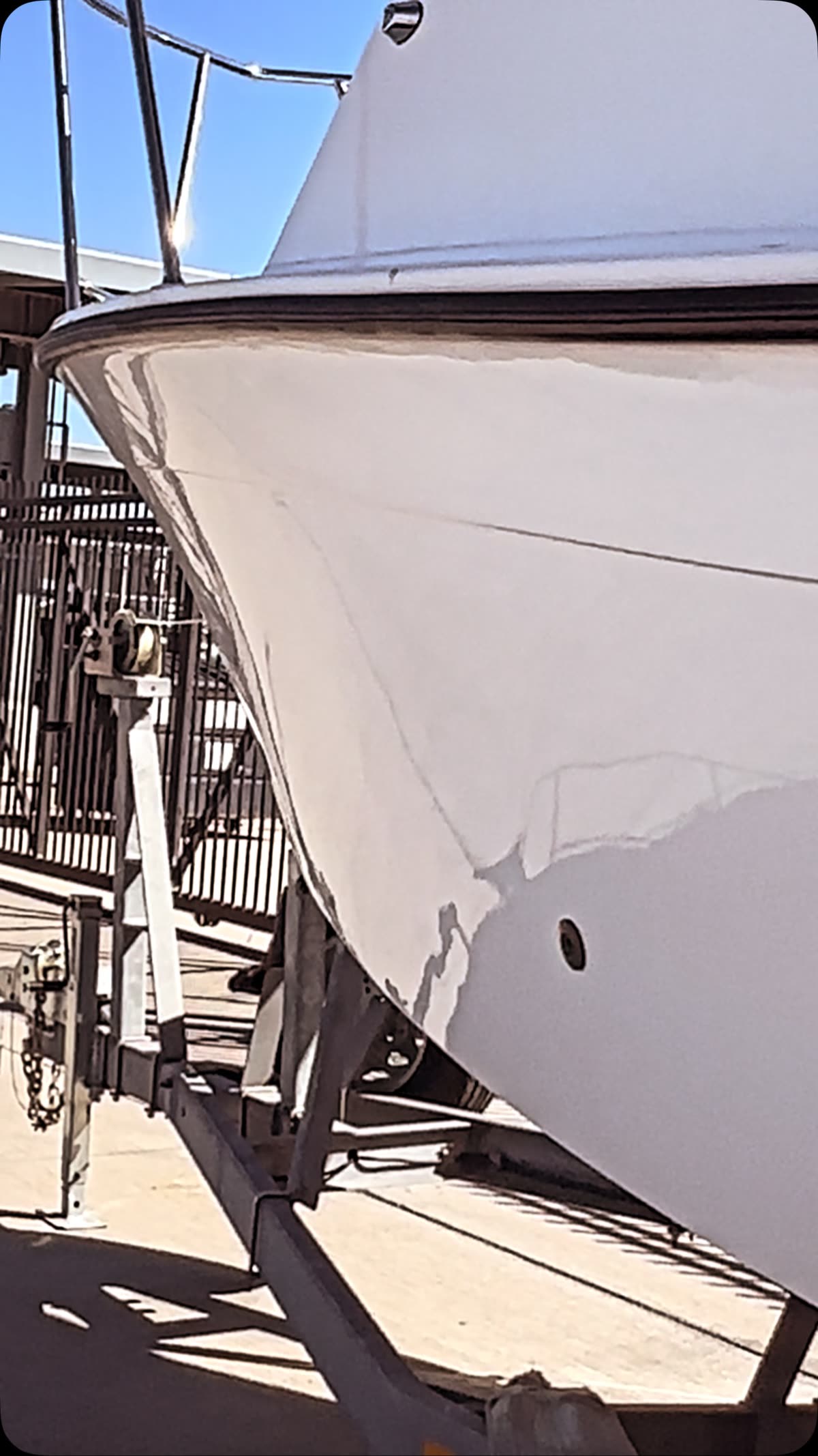 Lower bow of a Farallon hull on its trailer